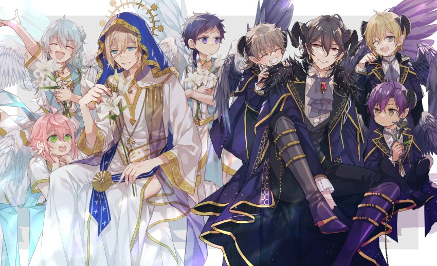 6+boys :d ;d ^_^ absurdres ahoge angel angel_and_devil angel_wings angels_(ensemble_stars!) arm_up ascot between_legs black_flower black_gloves black_hair black_pants black_vest blonde_hair blue_eyes blue_hair blue_sash blue_scarf blue_veil boots bouquet braid brooch cape closed_eyes closed_mouth coat collared_shirt cross cross_necklace crossed_bangs curtained_hair demon_boy demon_horns devil&#039;s_mansion_(ensemble_stars!) dot_mouth earrings ensemble_stars! facing_viewer feathered_wings feet_out_of_frame fine_(ensemble_stars!) flower foot_out_of_frame fur-trimmed_cape fur_trim fushimi_yuzuru gem gloves gold_earrings gradient_footwear green_eyes grey_ascot grey_background grey_eyes grey_footwear grey_hair grey_wings grin hair_between_eyes hakaze_kaoru halo halo_behind_head hand_between_legs hands_on_another&#039;s_shoulder head_rest hibiki_wataru high_heel_boots high_heels highres himemiya_tori hip_vent holding holding_bouquet holding_flower horns huyucotton indian_style invisible_chair jewelry knee_boots knee_up lily_(flower) long_hair long_sleeves looking_at_another looking_at_flowers looking_at_viewer looking_to_the_side low_ponytail lying male_focus medium_hair mole mole_under_eye multiple_boys necklace official_alternate_costume ogami_koga on_stomach one_eye_closed open_mouth otogari_adonis pants parted_lips pink_hair polar_opposites ponytail purple_cape purple_coat purple_eyes purple_footwear purple_hair purple_scarf red_eyes red_gemstone robe rosary sakuma_rei_(ensemble_stars!) sash scarf see-through_clothes shirt short_bangs short_hair short_sleeves side_braid sidelocks sideways_glance sitting smile star_(symbol) stole tenshouin_eichi tuxedo_shirt undead_(ensemble_stars!) veil vest white_background white_flower white_lily white_robe white_shirt wings yellow_eyes