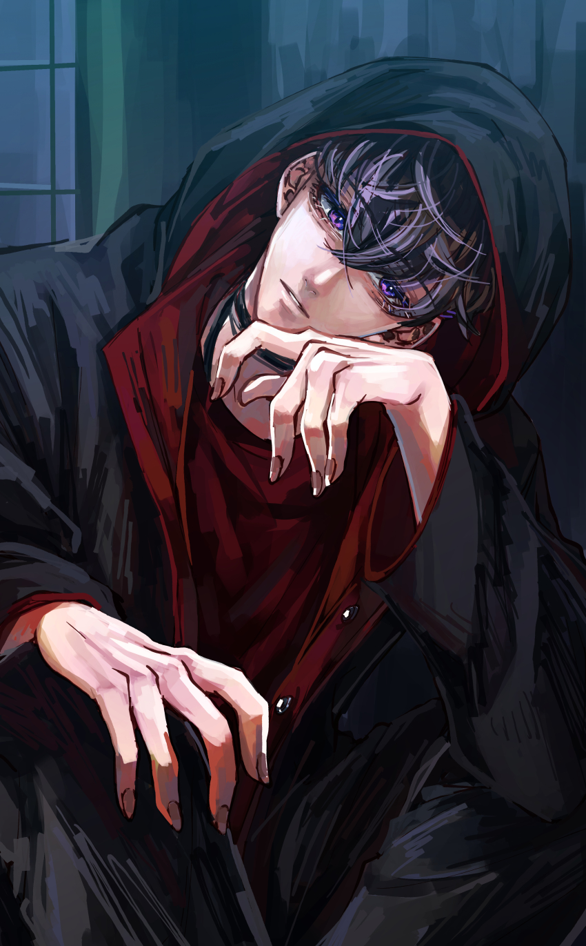 1boy absurdres black_choker black_cloak black_hair choker cloak commentary cosplay english_commentary hand_on_own_knee head_tilt highres hood hood_up john_kramer john_kramer_(cosplay) looking_down male_focus nijisanji nijisanji_id open_hand parted_lips purple_eyes red_shirt reza_avanluna saw_(movie) shirt solo virtual_youtuber yaku_(999ykseo)