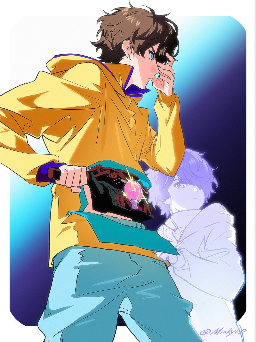1boy absurdres aged_down brown_hair gochipod gradient_background hand_over_face henshin_belt_gavv henshin_pose highres hood hoodie inoue_shouma kamen_rider kamen_rider_gavv_(series) male_focus mioky purple_eyes tears twitter_username unzipped yellow_hoodie