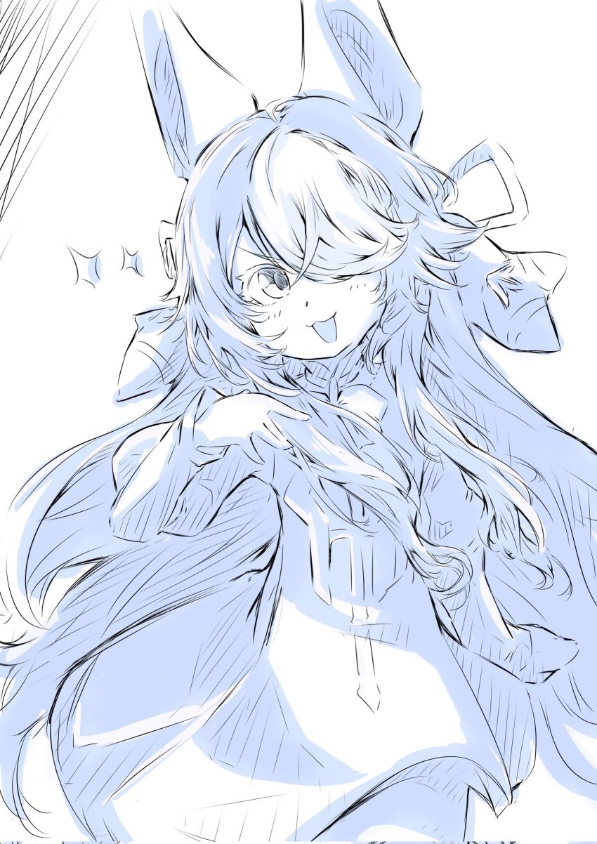 1girl :3 animal_ears azur_lane blue_hair collar dorube1203t dress fake_animal_ears greyscale highres iris_libre_(emblem) long_hair long_sleeves looking_at_viewer maille-breze_(azur_lane) monochrome one_eye_covered open_mouth simple_background smug solo star_(symbol) wavy_hair