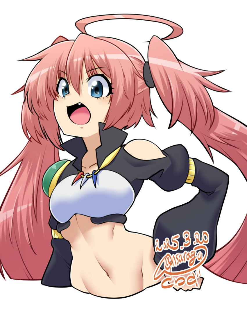 1girl ahoge blue_eyes fang hair_between_eyes highres long_hair milim_nava navel open_mouth pink_hair sakasa_gurasan solo tensei_shitara_slime_datta_ken transparent_background twintails variant_set