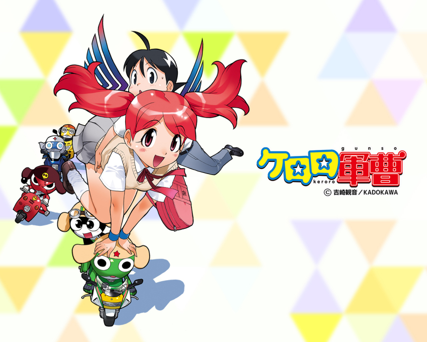 bag black_eyes black_hair bow bowtie cardigan copyright_name dororo_(keroro_gunsou) frog giroro hat hinata_fuyuki hinata_natsumi keroro keroro_gunsou kururu_(keroro_gunsou) long_hair looking_at_viewer motor_vehicle official_art official_wallpaper pants pink_eyes pink_hair shirt shoes short_hair simple_background skirt socks tamama twintails wings wristband yoshizaki_mine