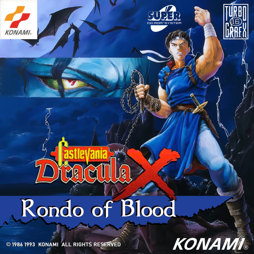 1990s_(style) 1boy bats boots castlevania_(series) castlevania:_rondo_of_blood cd_case cover dracula game video_game_cover headband highres knife konami retro_artstyle richter_belmont turbografx_16