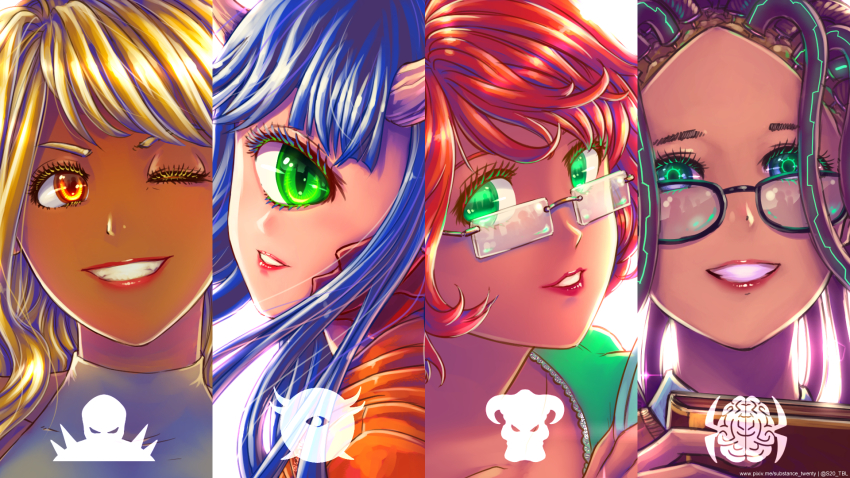 ;d arachnotron artist_name baron_of_hell black-framed_eyewear blonde_hair blue_hair brown_hair cacodemon cyclops dark-skinned_female dark_skin doom_(series) eyelashes genderswap genderswap_(mtf) glasses green_eyes highres horns humanization imp_(doom) lipstick long_hair makeup monster_girl one-eyed one_eye_closed open_mouth parted_lips red_hair smile substance20 upper_body watermark