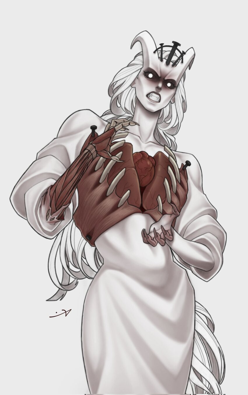 1girl black_sclera clenched_teeth collarbone colored_sclera commentary cowboy_shot dress english_commentary exposed_bone exposed_muscle heart_(organ) highres horns long_dress long_hair lungs mr_andres0n nail_(hardware) organs princess_(slay_the_princess) ribs signature skin-covered_horns slay_the_princess solo teeth the_fury_(slay_the_princess) very_long_hair white_eyes