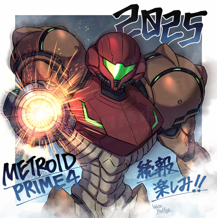 1girl 2025 aiming aiming_at_viewer arm_cannon armor artist_name assault_visor border commentary_request copyright_name green_visor helmet highres metroid metroid_prime_4:_beyond nintendo orange_armor power_armor power_suit red_helmet samus_aran science_fiction solo tinted_eyewear translation_request wakaba_(wata_ridley) watermark weapon white_border