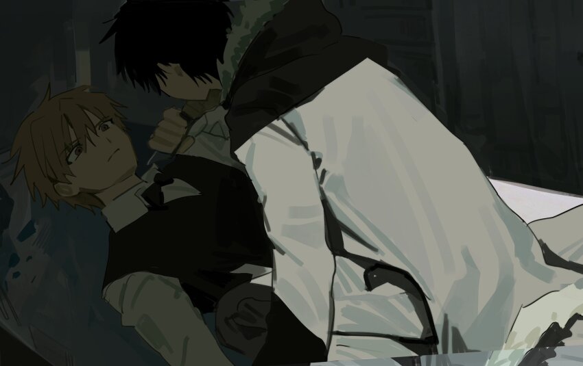 2boys black_hair black_jacket black_pants black_vest blonde_hair bow bowtie boxcutter collared_shirt commentary_request double-parted_bangs dress_shirt durarara!! fur-trimmed_hood fur-trimmed_jacket fur_trim hair_between_eyes heiwajima_shizuo highres holding holding_weapon hood hood_down hooded_jacket jacket jeis_bk korean_commentary long_sleeves lying male_focus multiple_boys on_back orihara_izaya pants shirt straddling vest weapon white_shirt