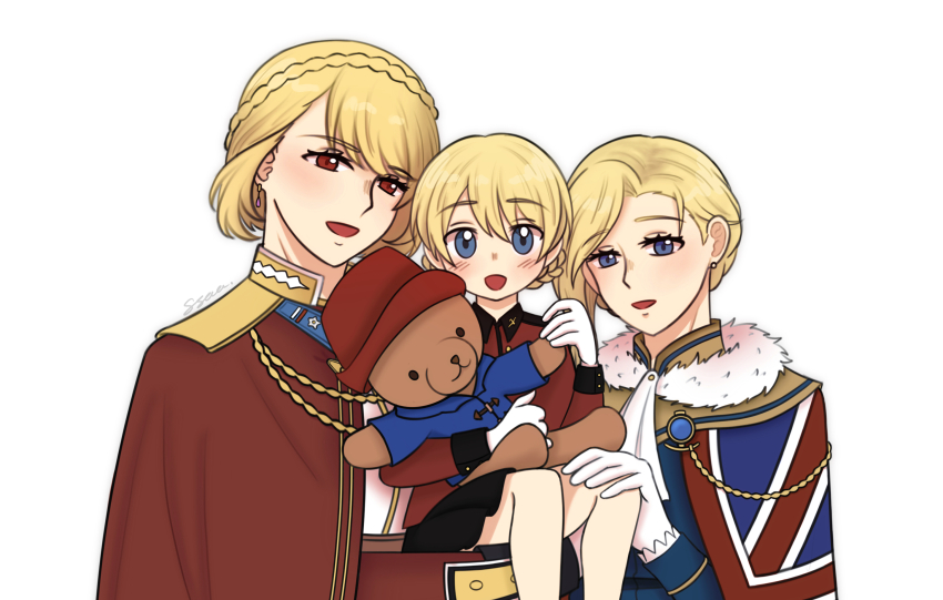 3girls azur_lane biscottidiptea blonde_hair braid country_connection crossover crown_braid darjeeling_(girls_und_panzer) earrings girls_und_panzer gloves highres hood_(azur_lane) jewelry military_uniform multiple_crossover multiple_girls paddington paddington_bear prince_of_wales_(azur_lane) simple_background st._gloriana&#039;s_military_uniform stuffed_animal stuffed_toy teddy_bear union_jack united_kingdom white_background