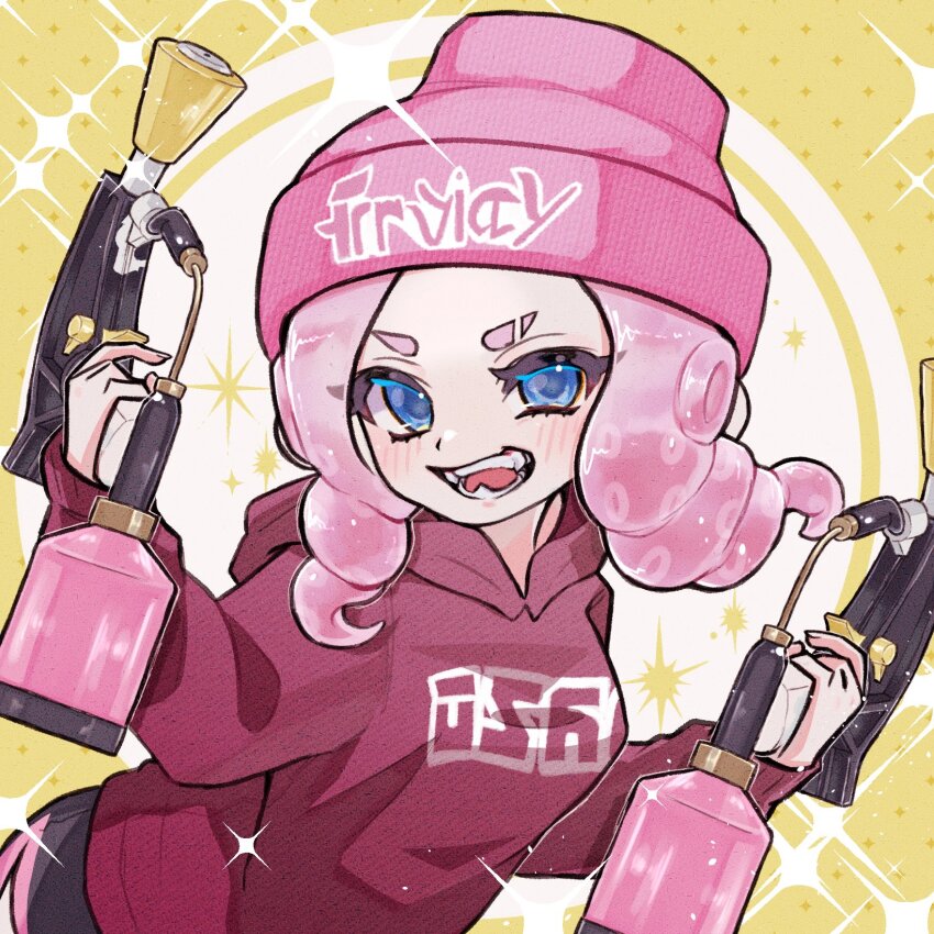 1girl :d beanie black_shorts blue_eyes blush clothes_writing commentary dolphin_shorts drill_hair dual_wielding eyebrow_cut fangs hat highres holding holding_weapon hood hood_down hoodie long_hair long_sleeves motuko1037 nintendo octoling octoling_girl octoling_player_character open_mouth pink_hair pink_hat pink_trim red_hoodie shorts smile solo splat_dualies_(splatoon) splatoon_(series) splatoon_3 suction_cups symbol-only_commentary tentacle_hair twin_drills weapon