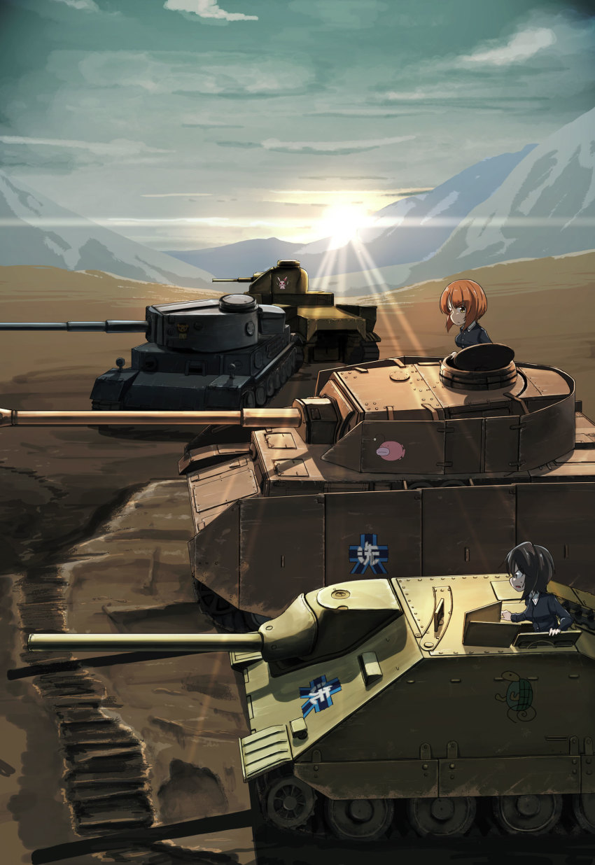 2girls absurdres anglerfish black_hair blue_jacket brown_eyes brown_hair caterpillar_tracks closed_mouth commentary day emblem fish frown girls_und_panzer highres jacket jagdpanzer_38(t) jinguu_(4839ms) kawashima_momo leopon_(animal) long_sleeves m3_lee military military_uniform military_vehicle monocle motor_vehicle mountainous_horizon multiple_girls nishizumi_miho ooarai_(emblem) ooarai_military_uniform open_mouth outdoors panzer_iv rabbit short_hair sunrise sweatdrop tank tiger_(p) turretless_tank turtle