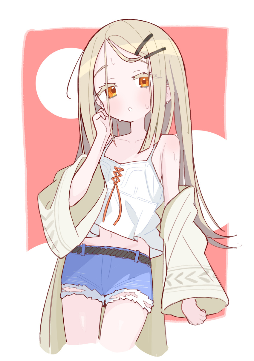 1girl absurdres bare_shoulders belt black_belt blonde_hair blue_shorts camisole coat collarbone colored_eyelashes denim denim_shorts earrings eyelashes gakuen_idolmaster hair_ornament hairclip hand_up highres idolmaster jewelry long_hair looking_at_viewer midriff navel open_clothes open_coat orange_eyes parted_lips shinosawa_hiro short_shorts shorts solo spacecrab sweat white_camisole white_coat