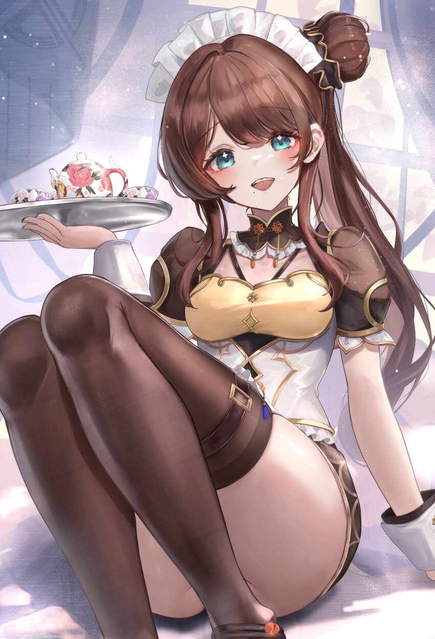 1girl absurdres aqua_eyes black_collar breasts brown_hair collar cup floral_print frilled_collar frills hair_bun highres holding holding_tray long_hair maid_headdress maison_de_cante mole mole_under_mouth nijisanji open_mouth shiga_riko solo teacup teapot thighhighs thighs tray virtual_youtuber white_wrist_cuffs wrist_cuffs
