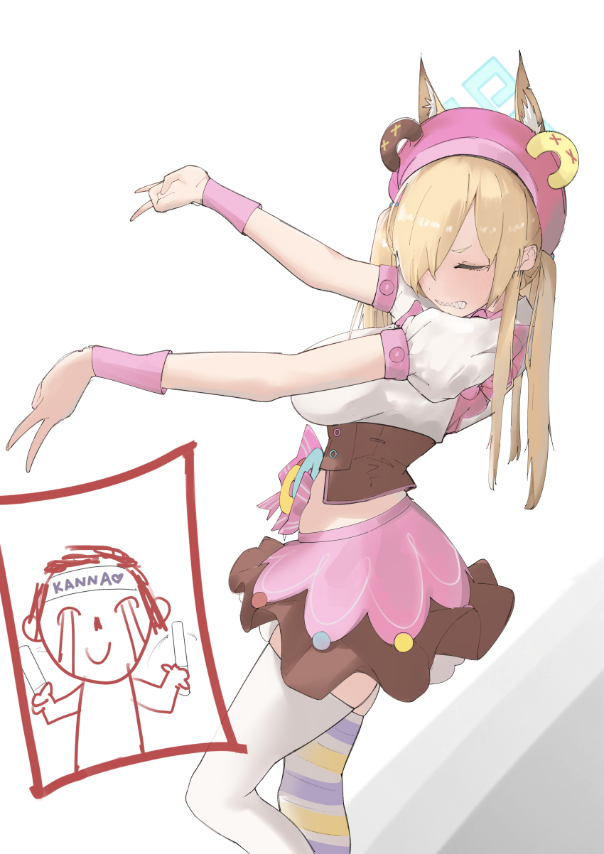 1boy 1girl absurdres alternate_costume alternate_hairstyle animal_ear_fluff animal_ears blonde_hair blue_archive blush brown_corset clenched_teeth closed_eyes corset diksiuw dog_ears dog_girl doodle_sensei_(blue_archive) double_gyaru_v double_v gyaru_v hair_over_one_eye hat highres kanna_(blue_archive) long_hair multicolored_thighhighs pink_hat pink_skirt sensei_(blue_archive) sharp_teeth shirt short_sleeves sidelocks skirt striped_clothes striped_thighhighs teeth thighhighs twintails v white_shirt white_thighhighs wrist_cuffs