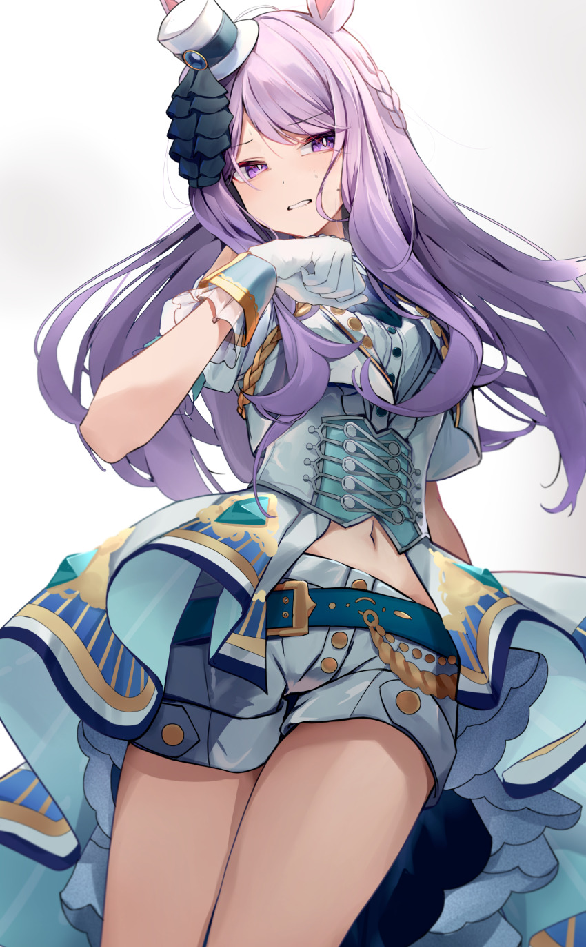 1girl absurdres animal_ears belt blue_belt braid corset gloves gradient_background grey_background hat highres horse_ears horse_girl long_hair looking_at_viewer mejiro_mcqueen_(end_of_sky)_(umamusume) mejiro_mcqueen_(umamusume) mini_hat mini_top_hat navel official_alternate_costume purple_hair shorts simple_background solo thighs top_hat umamusume white_gloves white_hat white_shorts yamada_auto