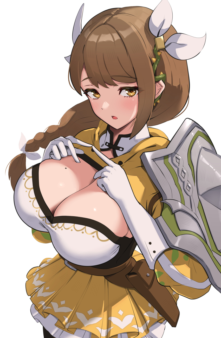 1girl absurdres braid breasts brown_hair cleavage fingers_together fire_emblem fire_emblem_engage from_above goldmary_(fire_emblem) gonzarez highres huge_breasts large_breasts looking_at_viewer mole mole_on_breast nintendo yellow_eyes