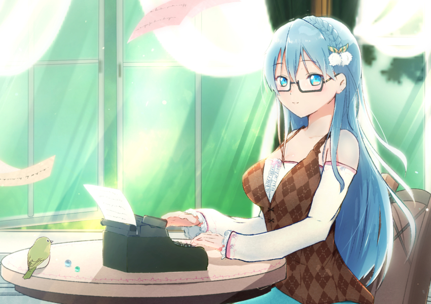 1girl 22/7 bird black-framed_eyewear blue_eyes blue_hair bow braid closed_mouth collarbone detached_sleeves furoggu-gaburi green_bird hair_bow hair_ornament highres indoors light_blue_hair light_smile long_hair looking_at_viewer looking_to_the_side maruyama_akane on_chair paper rectangular_eyewear semi-rimless_eyewear shirt single_braid sitting solo typewriter under-rim_eyewear white_shirt window