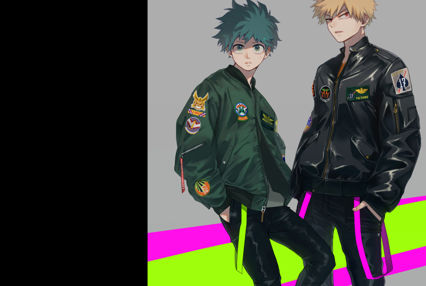 2boys all_might bakugou_katsuki black_jacket blonde_hair boku_no_hero_academia commentary_request feet_out_of_frame freckles green_eyes green_hair green_jacket hands_in_pockets jacket leather leather_jacket long_sleeves looking_at_viewer male_focus midoriya_izuku multiple_boys patch short_hair unou_(unou_mha)