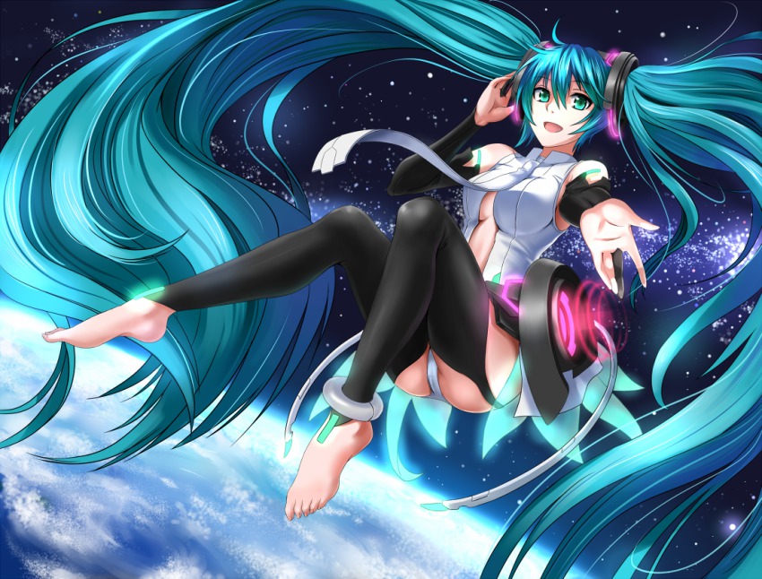 1girl anklet aqua_eyes aqua_hair barefoot earth_(planet) female_focus hatsune_miku hatsune_miku_(append) jewelry long_hair navel necktie outstretched_arm outstretched_hand planet smile solo toeless_legwear twintails very_long_hair vocaloid vocaloid_append windtalker