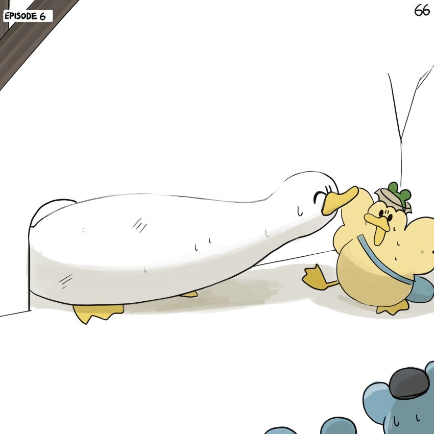 ^_^ bag belt bird bottle_cap cheese closed_eyes crack cracked_wall diva_(hyxpk) duck duckling food frog_headband hat highres mouse_(animal) mouse_hole no_humans numbered original police_hat simple_background stuck white_background wooden_beam