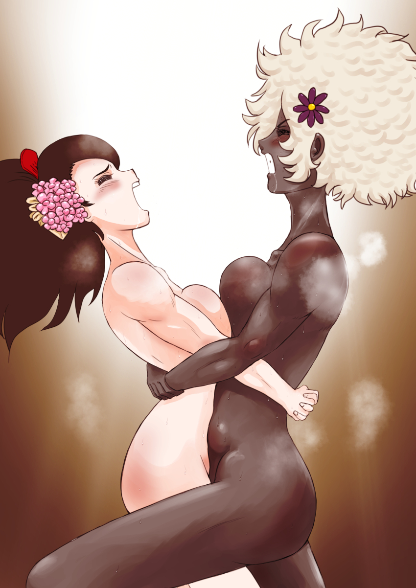 2girls absurdres afro angry ass bearhug breast_fight breast_press breasts catfight crossover dark_skin drooling fighting highres hug king_dakoras large_breasts moaning momohime multiple_girls muscular muscular_female no_more_heroes nude oboro_muramasa screaming shinobu_jacobs steam sweat symmetrical_docking white_hair wrestling yuri