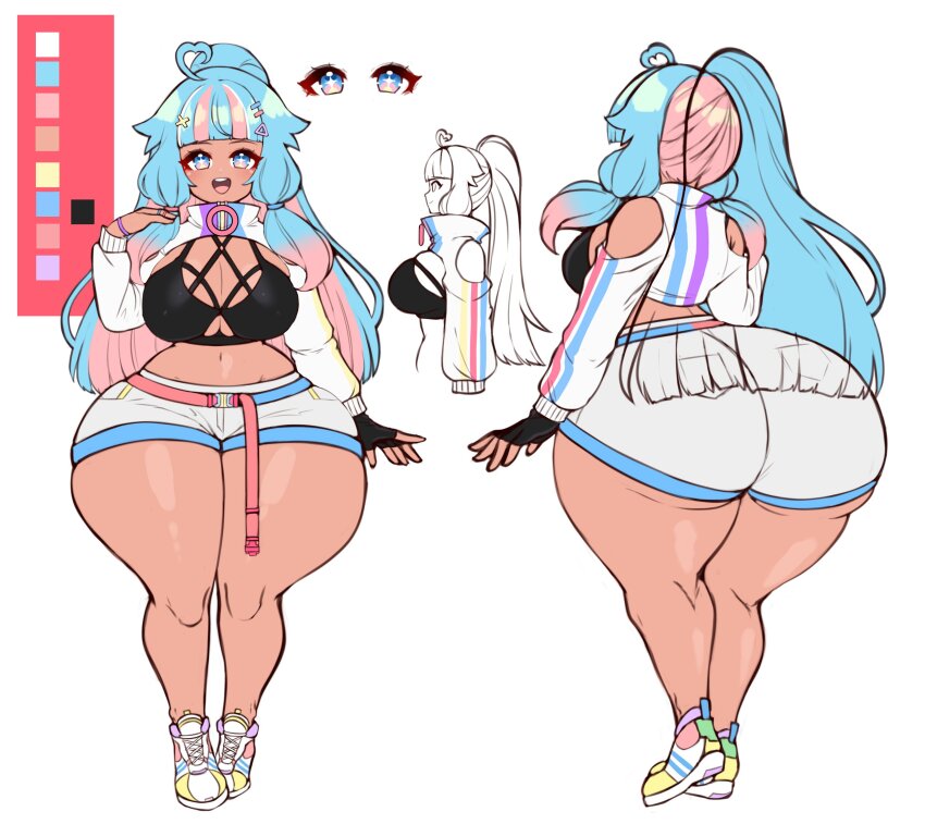 1girl 2021 absurdres ahoge ass asymmetrical_gloves belt black_bra black_gloves blue_eyes blue_hair blue_trim blunt_bangs bra breasts cleavage clothing_cutout color_guide commentary criss-cross_halter curvy dark-skinned_female dark_skin english_commentary female_focus fingerless_gloves full_body gloves halterneck heart heart_ahoge highres huge_ass jacket jewelry jojobee large_breasts legs_together long_hair long_sleeves low-tied_sidelocks matching_hair/eyes midriff mina_(jojobee) multicolored_eyes multicolored_hair multiple_views navel open_clothes open_jacket original pink_eyes pink_hair reference_sheet ring shoes short_hair shorts shoulder_cutout sidelocks simple_background sneakers star-shaped_pupils star_(symbol) stomach straight_hair streaked_hair striped_clothes striped_jacket symbol-shaped_pupils thick_thighs thighs turnaround turtleneck turtleneck_jacket underwear variant_set very_long_hair white_background white_shoes white_shorts wide_hips