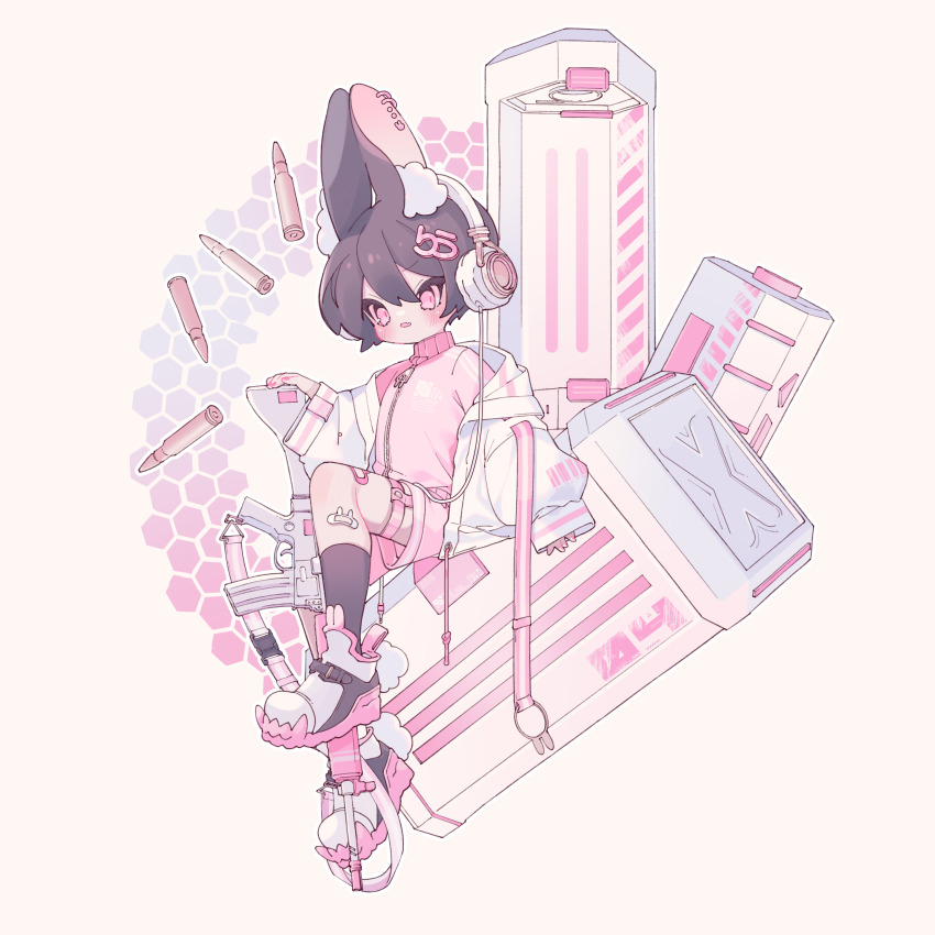 1boy absurdres animal-themed_footwear animal_ear_fluff animal_ear_piercing animal_ears ar-18 bandaid bandaid_on_leg belt black_hair black_socks bullet commentary dated_commentary double-parted_bangs fang full_body gun hair_between_eyes hair_ornament headphones highres holding holding_gun holding_weapon invisible_chair jacket male_focus open_clothes open_jacket open_mouth original ozureiji pink_belt pink_eyes pink_jacket pink_nails pink_shorts rabbit_ear_footwear rabbit_ears rifle shoes short_hair shorts sitting skin_fang sneakers socks solo symbol-only_commentary thigh_strap track_jacket tsurime weapon white_jacket white_shoes