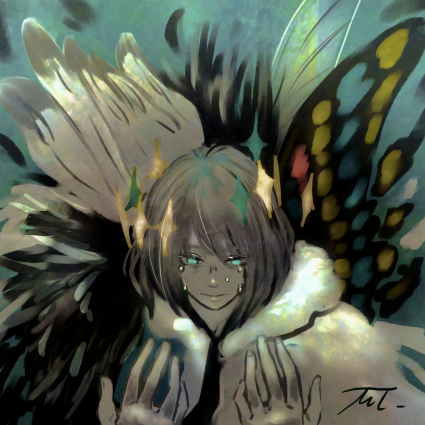 1boy absurdres bags_under_eyes blue_hair butterfly_wings cloak crying dragonfly_wings fate_(series) fur-trimmed_cloak fur_trim grey_hair highres insect_wings looking_down male_focus mmmpsychedelic138 oberon_(fate) oberon_(third_ascension)_(fate) short_hair signature solo tears upper_body white_cloak wings