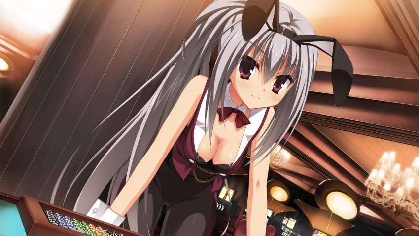 1girl animal_ears black_hairband black_leotard black_pantyhose bow bowtie breasts casino cleavage closed_mouth detached_collar dracu-riot! elena_olegovna_owen fake_animal_ears game_cg grey_hair hair_between_eyes hairband indoors leaning_forward leotard long_hair looking_at_viewer medium_breasts muririn official_art open_clothes open_vest pantyhose playboy_bunny rabbit_ears red_bow red_bowtie red_eyes red_vest smile solo thigh_gap very_long_hair vest wing_collar wrist_cuffs