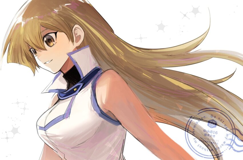 1girl black_shirt breasts brown_eyes brown_hair duel_academy_uniform_(yu-gi-oh!_gx) jacket long_hair medium_breasts shirt simple_background sk816 solo sparkle tenjouin_asuka upper_body watermark white_background white_jacket yu-gi-oh! yu-gi-oh!_gx