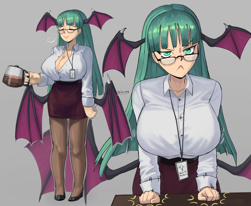 1girl absurdres breasts capcom cleavage closed_eyes closed_mouth coffee darkstalkers demon_girl demon_wings glasses green_eyes green_hair head_wings highres large_breasts long_hair looking_at_viewer morrigan_aensland office_lady skirt solo tallinax veins veiny_wings wings
