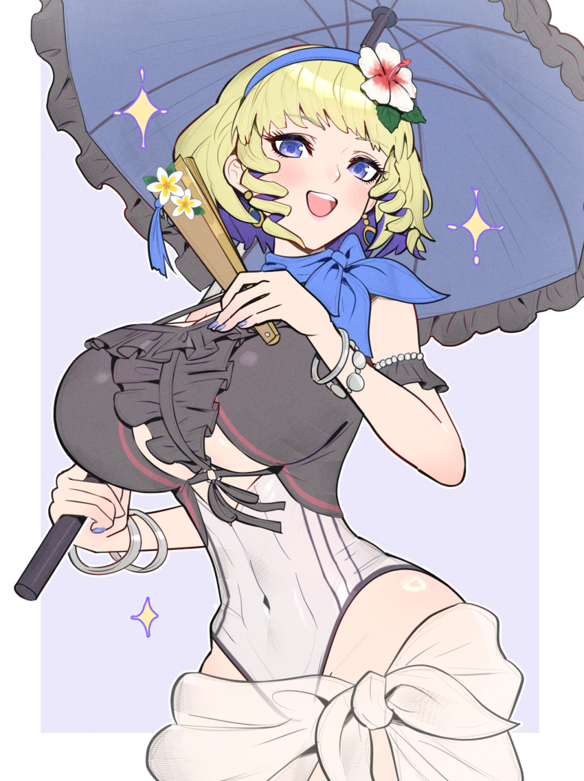 1girl :d black_one-piece_swimsuit blonde_hair blue_eyes blue_hair blue_nails blush breasts cleavage colored_inner_hair constance_von_nuvelle constance_von_nuvelle_(summer) covered_navel drill_hair fire_emblem fire_emblem:_three_houses fire_emblem_heroes flower folding_fan gonzarez hair_flower hair_ornament hairband hand_fan highres holding holding_fan holding_umbrella huge_breasts jewelry multicolored_hair nail_polish navel nintendo official_alternate_costume one-piece_swimsuit open_mouth parasol sarong short_hair sidelocks simple_background smile solo swimsuit teeth thighs umbrella underboob white_one-piece_swimsuit white_sarong wide_hips