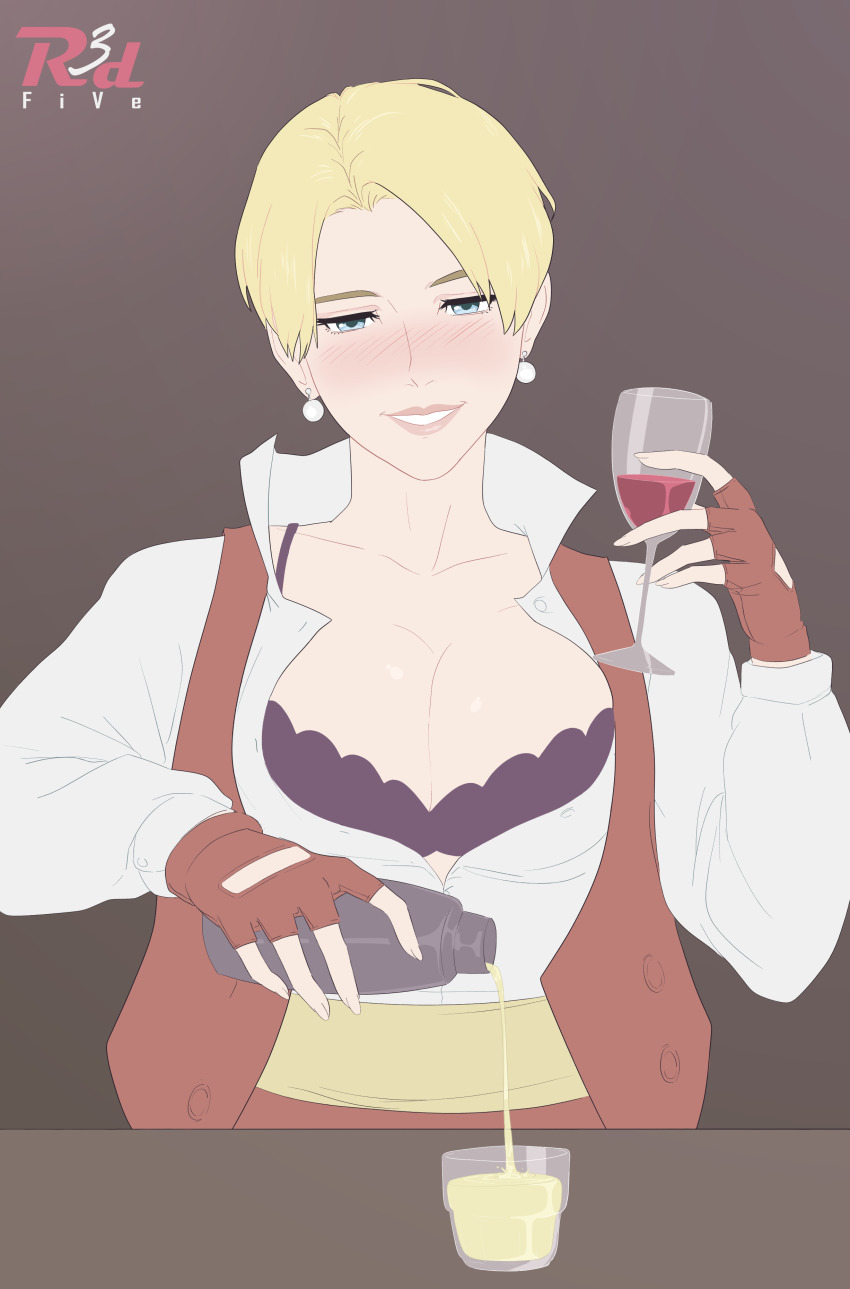1girl absurdres bar bartender belt blonde_hair blue_eyes breasts cleavage earrings female_focus formal_clothes glass gloves highres jacket jewelry king_(snk) large_breasts long_sleeves open_clothes pale_skin pants r3dfive shirt short_hair smile suit the_king_of_fighters tuxedo white_shirt