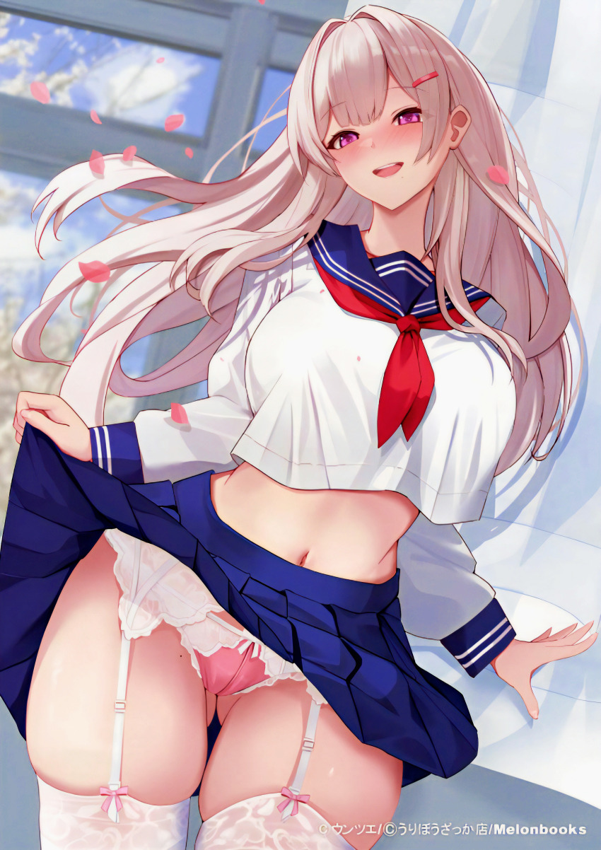 1girl absurdres black_sailor_collar black_skirt breasts cherry_blossoms clothes_lift commentary cropped_shirt falling_petals garter_belt gluteal_fold grey_hair hair_ornament hairclip highres large_breasts lifting_own_clothes long_hair long_sleeves looking_at_viewer midriff navel neckerchief non-web_source open_mouth original panties petals pink_panties pleated_skirt purple_eyes red_neckerchief resized sailor_collar school_uniform shirt skirt skirt_lift smile solo thighhighs third-party_edit underwear untue upscaled white_garter_belt white_shirt white_thighhighs