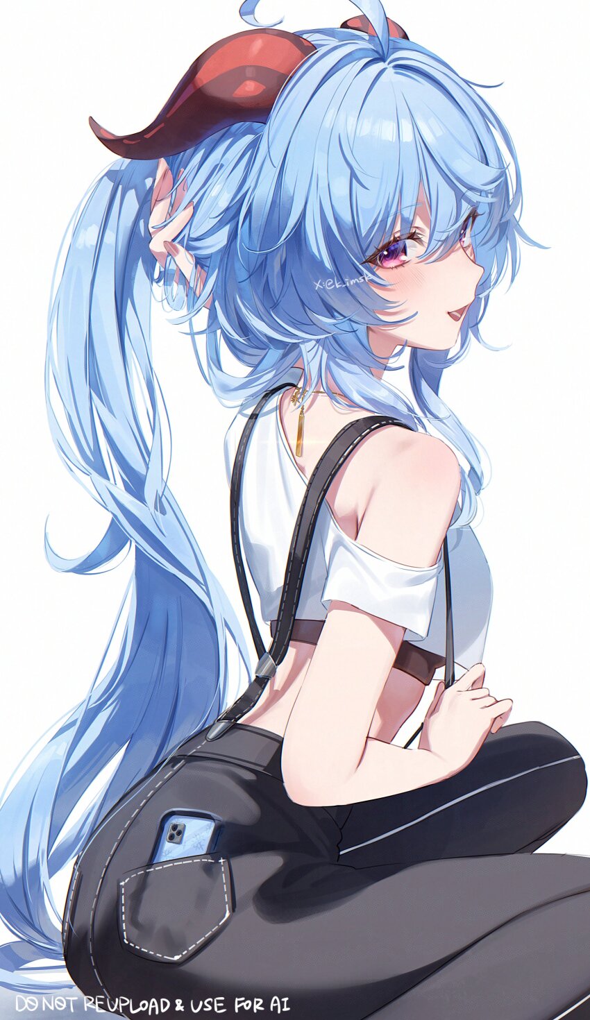 1girl absurdres alternate_costume black_pants blue_hair casual cellphone from_behind ganyu_(genshin_impact) genshin_impact goat_horns highres horns imasaki_kei long_hair looking_at_viewer looking_back midriff open_mouth pants phone shirt simple_background single_bare_shoulder sitting smartphone smile solo twitter_username white_background white_shirt