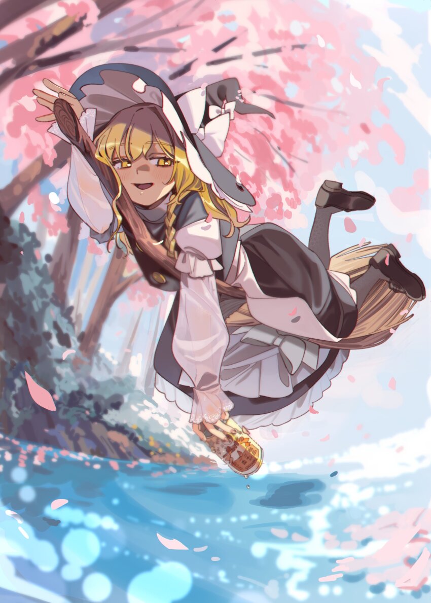 1girl absurdres apron beer_can black_shoes black_skirt black_vest blonde_hair blush braid broom broom_riding can cherry_blossoms drink_can drunk flying full_body hat highres holding holding_can kirisame_marisa long_hair long_sleeves open_mouth ribbon shi_chimi shirt shoes skirt smile solo touhou vest water white_shirt witch_hat yellow_eyes