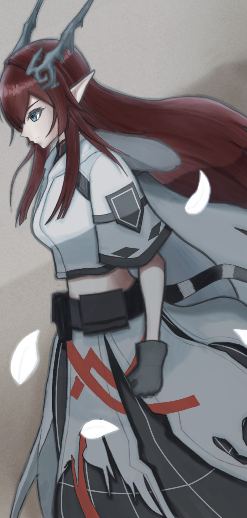 aqua_eyes arknights bakishi_(bakishi) belt_bag cowboy_shot from_side gloves hair_intakes highres hood horns long_hair midriff nine_(arknights) pointy_ears red_hair tail