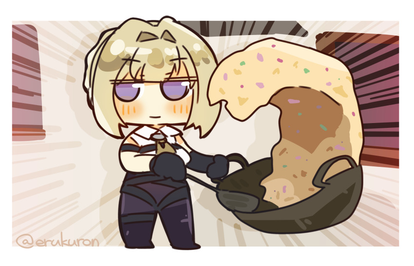 1girl blonde_hair chibi detached_sleeves emphasis_lines evelyn_chevalier food fried_rice fried_rice_prank_(meme) full_body highres lcron looking_at_viewer meme purple_eyes solo standing wok zenless_zone_zero