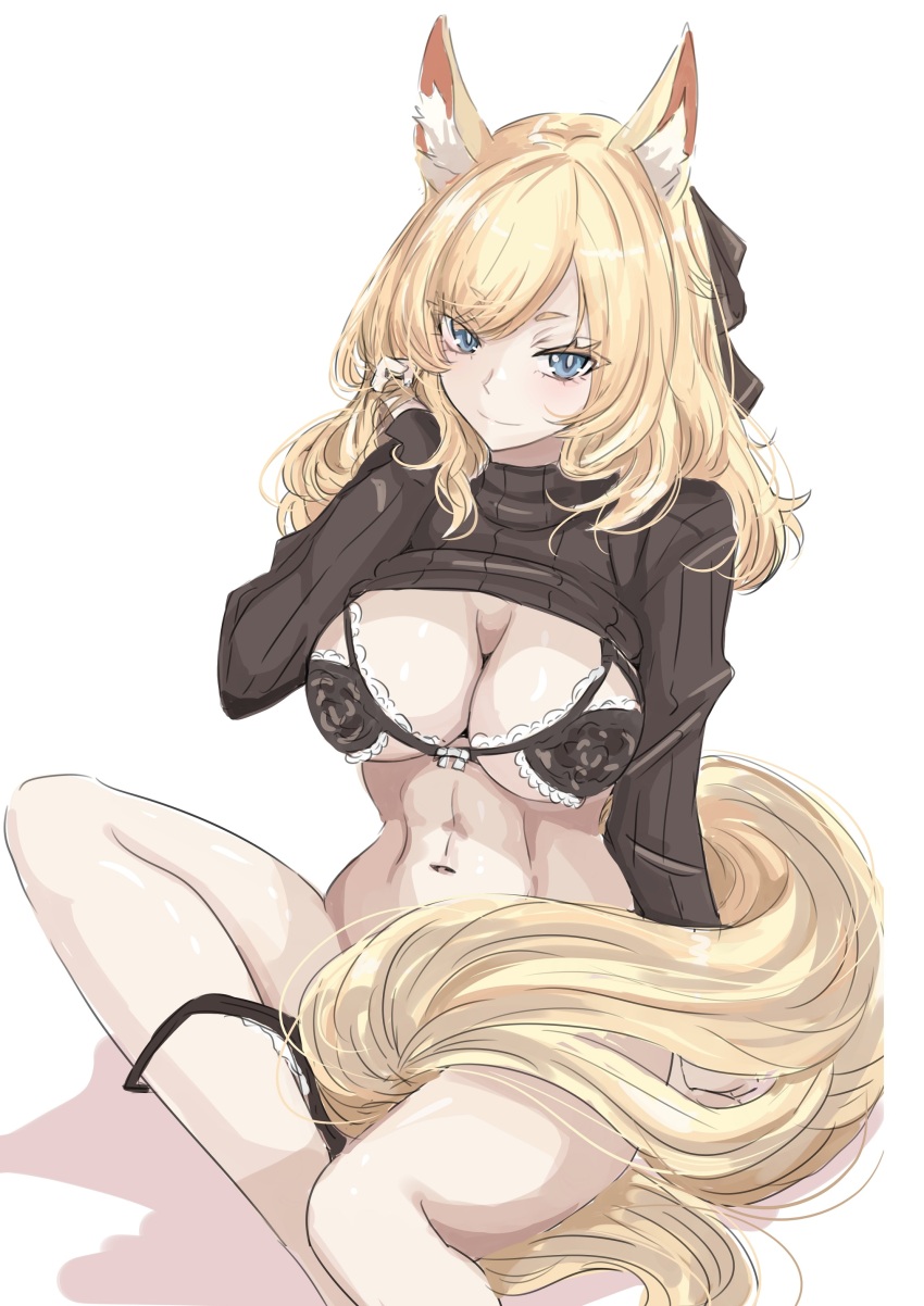 absurdres animal_ear_fluff animal_ears arknights blonde_hair blue_eyes bra breasts cleavage clothes_lift highres horse_girl horse_tail implied_extra_ears ken_(shutenndouji1) lace lace_bra large_breasts panties panties_around_leg shirt_lift tail underwear whislash_(arknights)