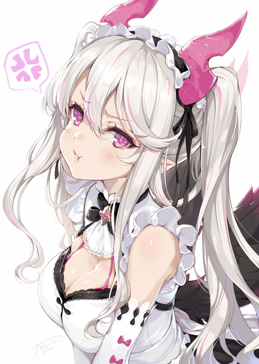 1girl absurdres anger_vein black_feathers black_wings breasts cleavage feathers grey_hair hair_between_eyes headdress highres horns long_hair looking_at_viewer maid medium_breasts multicolored_hair original pointy_ears solo spoken_anger_vein streaked_hair tel-o twintails upper_body white_background wings