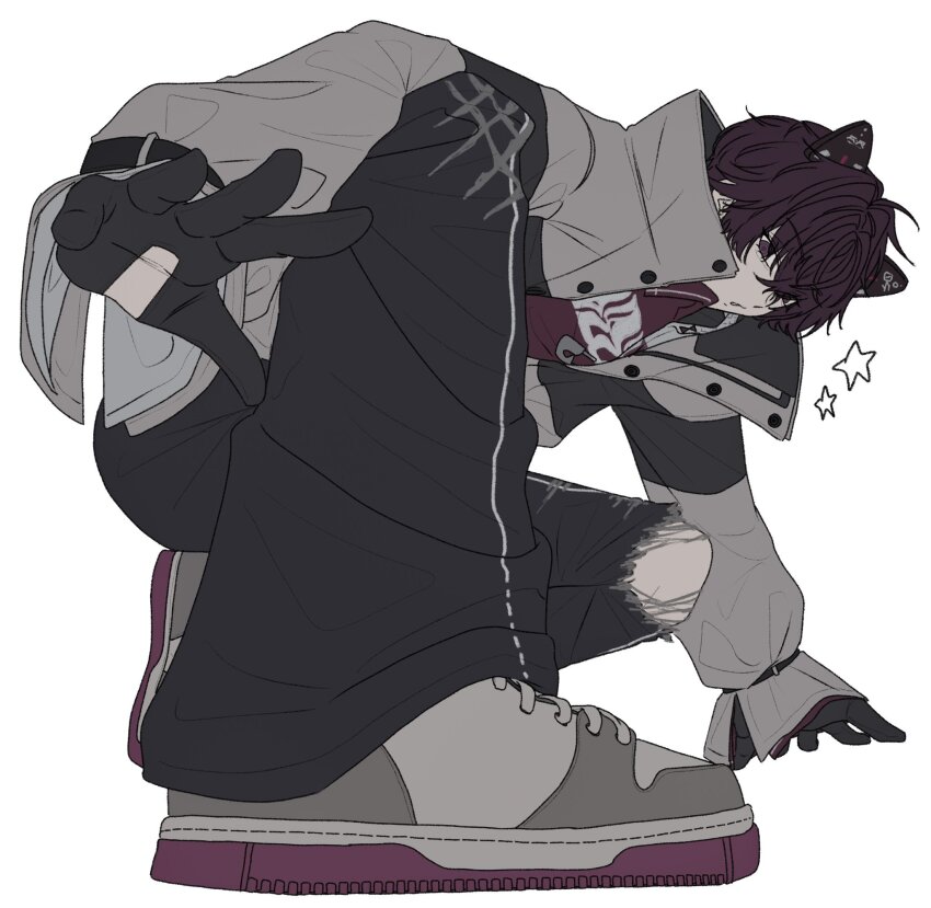 1boy animal_ears arm_belt belt black_belt black_gloves black_hair black_pants cat_ears gloves grey_eyes high_collar highres jacket kashira_waka3 kneeling looking_to_the_side male_focus nijisanji outstretched_arm pants popped_collar saiki_ittetsu saiki_ittetsu_(1st_costume) shoelaces shoes sideways_glance simple_background sneakers solo star_(symbol) torn_clothes torn_pants virtual_youtuber white_background