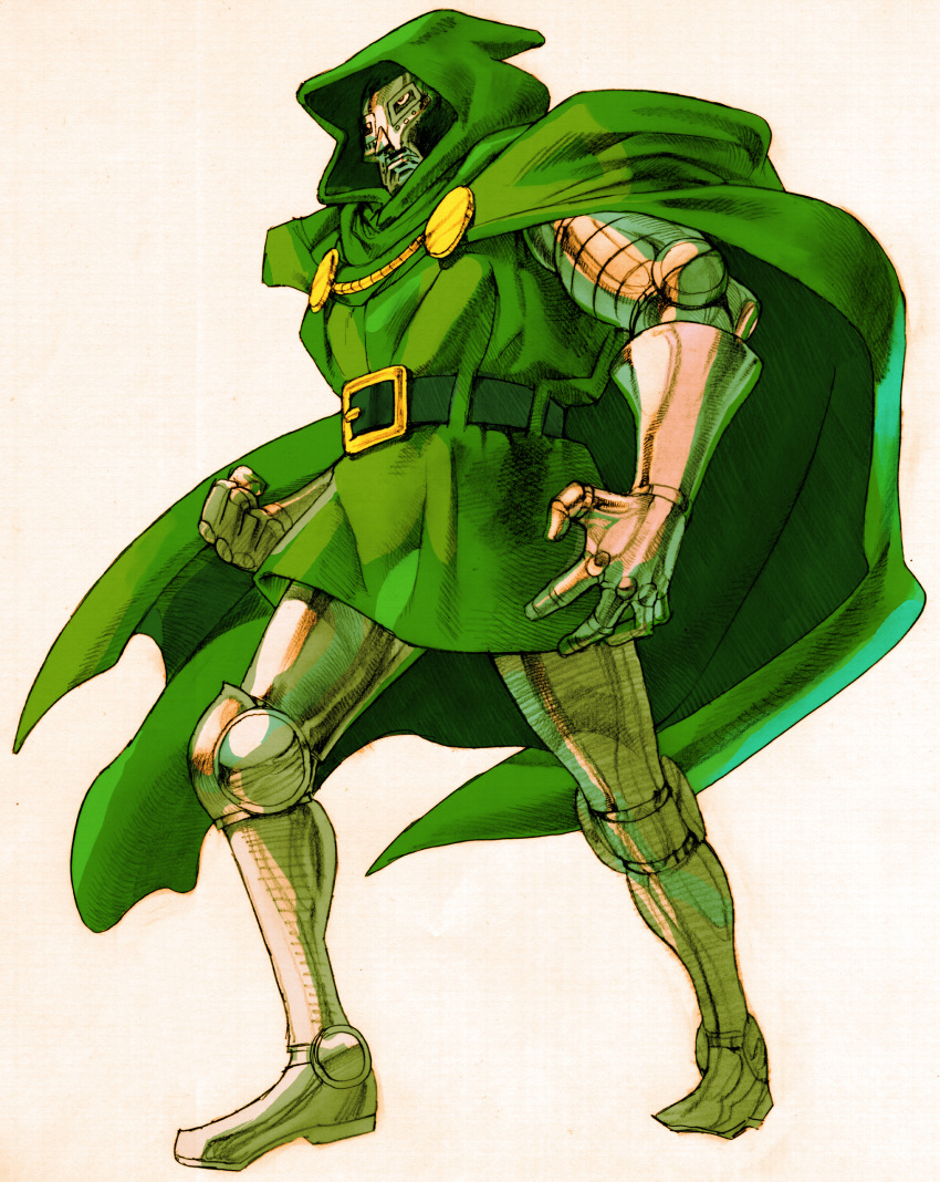 1boy armor armored_boots belt bengus boots capcom cape clenched_hand doctor_doom game_cg green_cape green_hood helmet highres hood hooded_cape male_focus marvel marvel_vs._capcom marvel_vs._capcom_2 mask non-web_source power_armor scan solo x-men