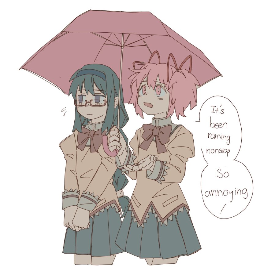 2girls akemi_homura black_hair black_hairband black_skirt blush bow bowtie brown_shirt english_text ezier hairband highres holding holding_umbrella juliet_sleeves kaname_madoka long_hair long_sleeves mahou_shoujo_madoka_magica mahou_shoujo_madoka_magica_(anime) mitakihara_school_uniform multiple_girls open_mouth pink_eyes pink_hair pink_umbrella pleated_skirt puffy_sleeves purple_eyes red-framed_eyewear red_bow red_bowtie school_uniform semi-rimless_eyewear shirt short_twintails simple_background skirt speech_bubble twintails umbrella under-rim_eyewear white_background