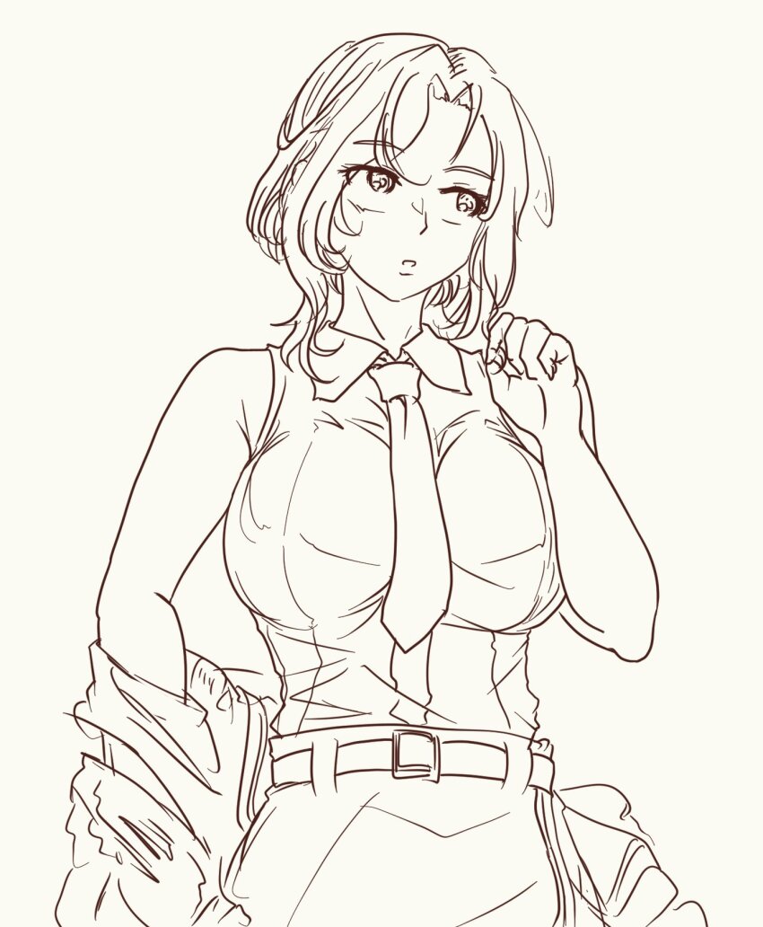 1girl alternate_sleeve_length belt_buckle bomber_jacket buckle commentary_request dress_shirt faceless faceless_male highres hornet_(kancolle) jacket jacket_partially_removed kantai_collection lineart monochrome necktie pencil_skirt shirt short_hair sideways_glance skirt sleeveless sleeveless_shirt solo thrux upper_body