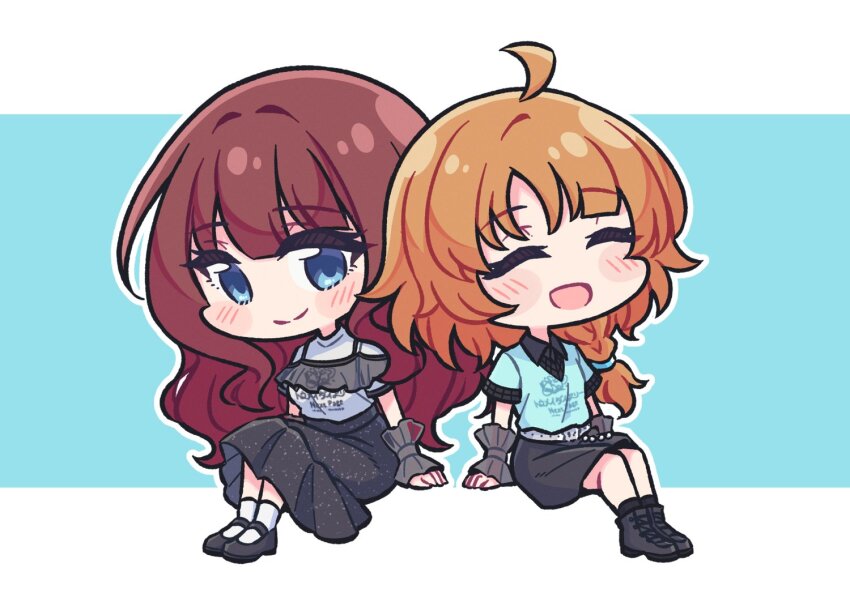 2girls :d ^_^ ahoge akamirai arms_at_sides assault_lily belt black_footwear black_skirt blue_background blue_eyes blue_shirt blunt_bangs blush boots braid braided_ponytail brown_hair chibi closed_eyes closed_mouth collared_shirt commentary cross-laced_footwear english_commentary full_body futagawa_fumi high-waist_skirt invisible_chair kaede_johan_nouvel legs_together loafers long_hair long_skirt looking_at_viewer low_ponytail miniskirt multiple_girls official_alternate_costume open_mouth outline ponytail shirt shoes short_sleeves sidelocks single_braid sitting skirt smile socks two-tone_background white_background white_belt white_outline white_shirt white_socks wrist_cuffs