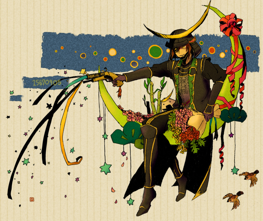 armor bouquet brown_hair date_masamune eyepatch flower gun handgun helmet male_focus moon party_popper pistol sengoku_musou swept_bangs weapon
