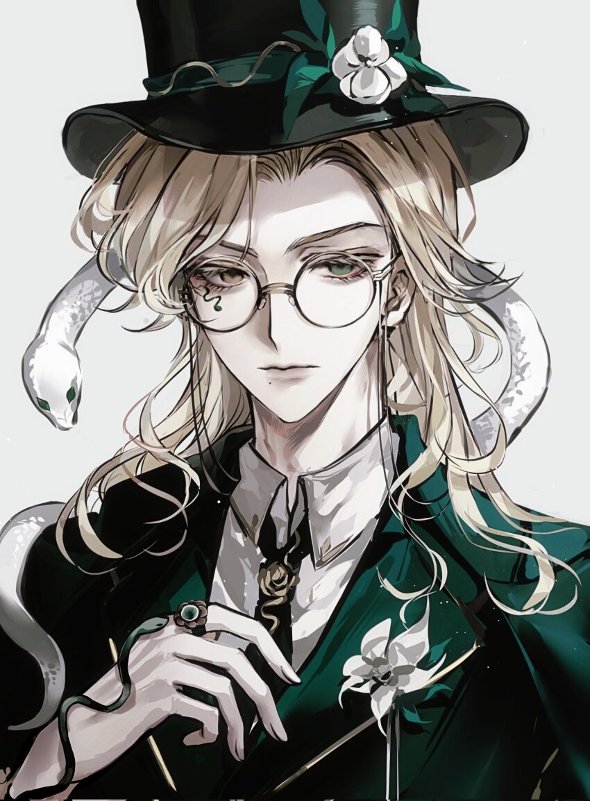 1boy bishounen black_necktie blonde_hair brooch especiala expressionless facial_mark flower flower_brooch glasses green_eyes green_hat green_jacket hair_intakes hashtag-only_commentary hat heterochromia highres identity_v jacket jewelry lily_(flower) long_hair looking_at_viewer male_focus mole mole_under_mouth necktie official_alternate_costume pale_skin portrait richard_sterling richard_sterling_(art_dealer) ring round_eyewear shirt snake solo top_hat wavy_hair white_shirt white_snake yellow_eyes