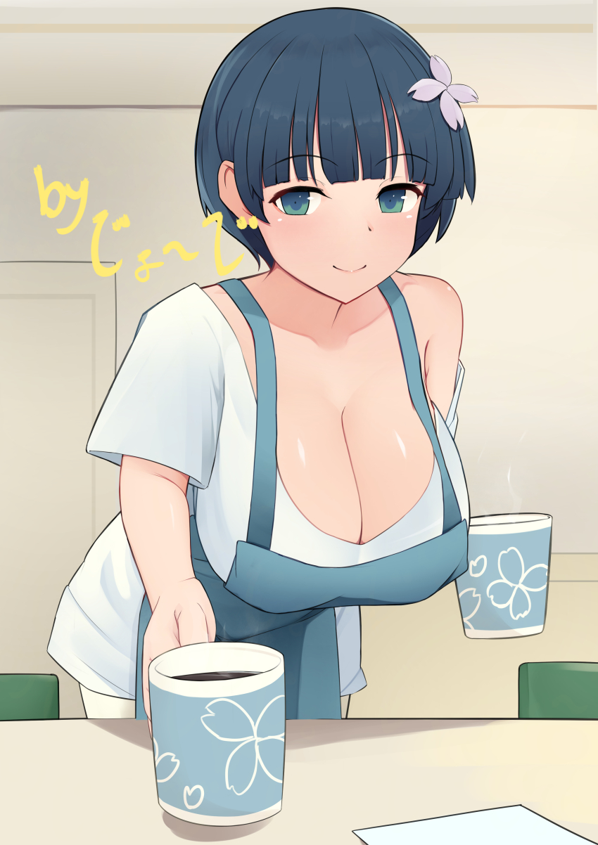 1girl absurdres apron artist_name bare_shoulders blue_eyes blue_hair blush breasts cleavage closed_mouth coffee coffee_mug collarbone cup flower george_(pixiv7099078) hair_flower hair_ornament highres holding holding_cup indoors large_breasts looking_at_viewer mug senran_kagura senran_kagura_estival_versus senran_kagura_shinovi_versus shirt short_hair signature smile solo strap_slip t-shirt yozakura_(senran_kagura)