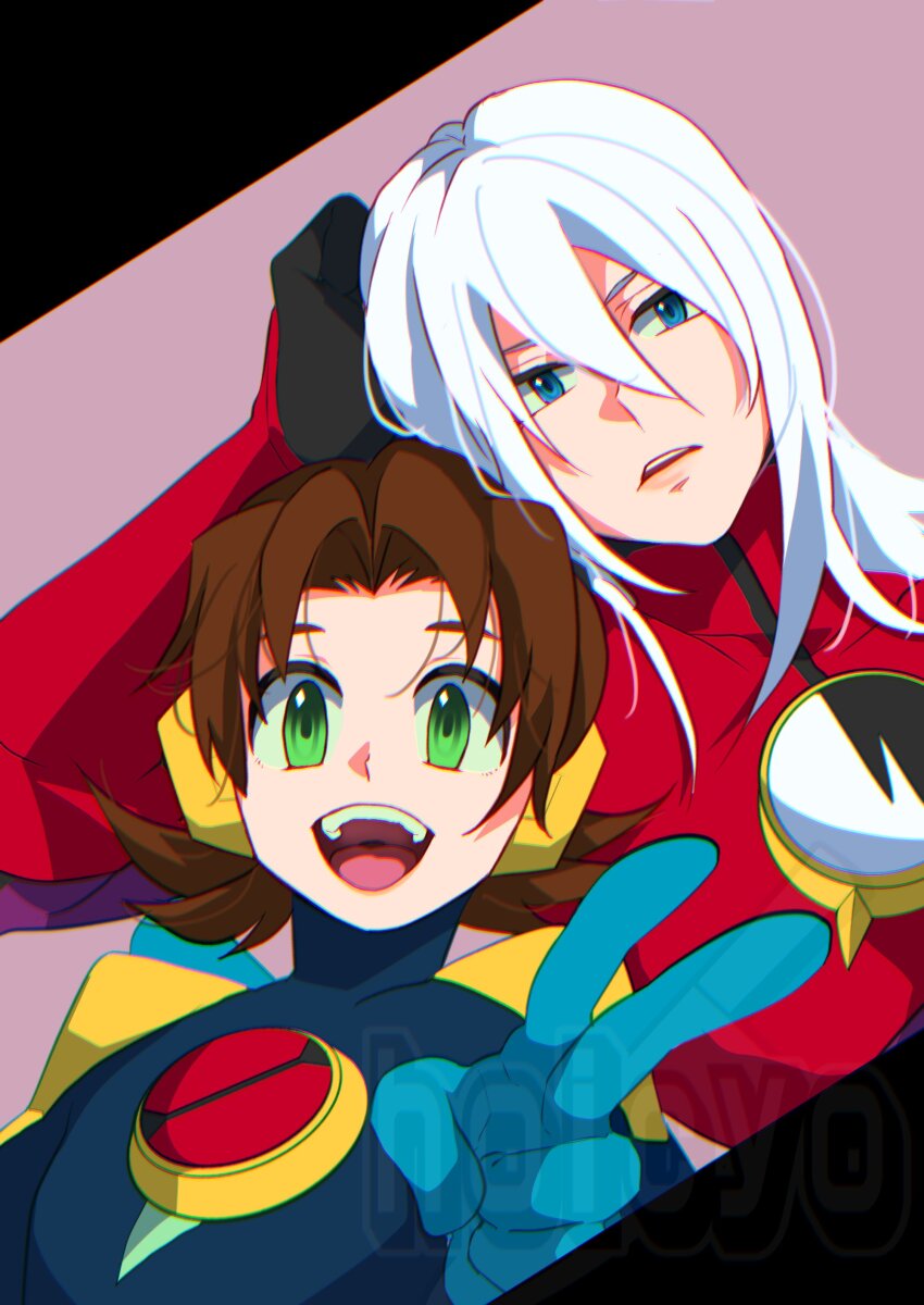 2boys absurdres armor artist_name blue_bodysuit bodysuit brown_hair green_eyes highres hoicyo long_hair looking_at_viewer male_focus mega_man_(series) mega_man_battle_network_(series) megaman.exe multiple_boys netnavi open_mouth protoman.exe red_armor short_hair smile teeth tongue upper_teeth_only v white_hair