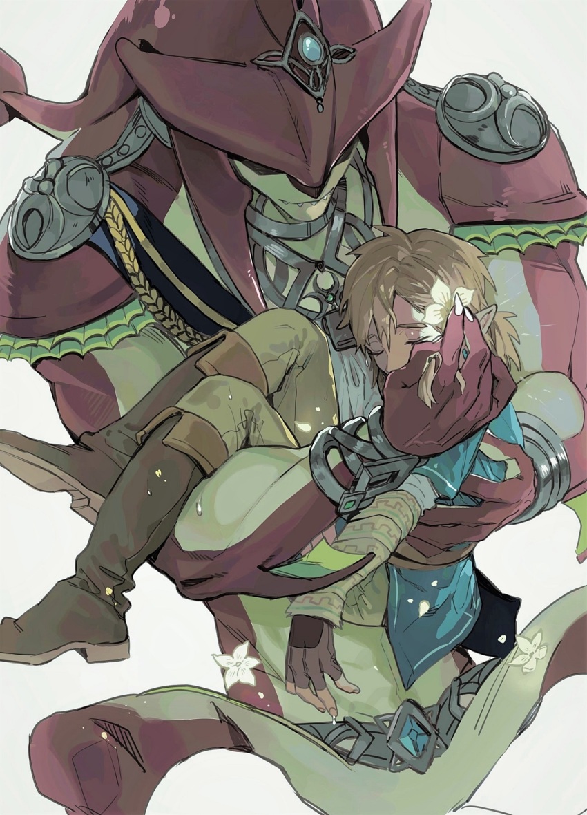 2boys blue_tunic boots brown_boots brown_pants carrying claws closed_eyes closed_mouth fingerless_gloves gloves gyou_chin highres holding link male_focus multiple_boys nintendo pants ponytail princess_carry sharp_teeth short_hair sidon simple_background size_difference teeth the_legend_of_zelda the_legend_of_zelda:_breath_of_the_wild tunic veins veiny_arms white_background yaoi zora