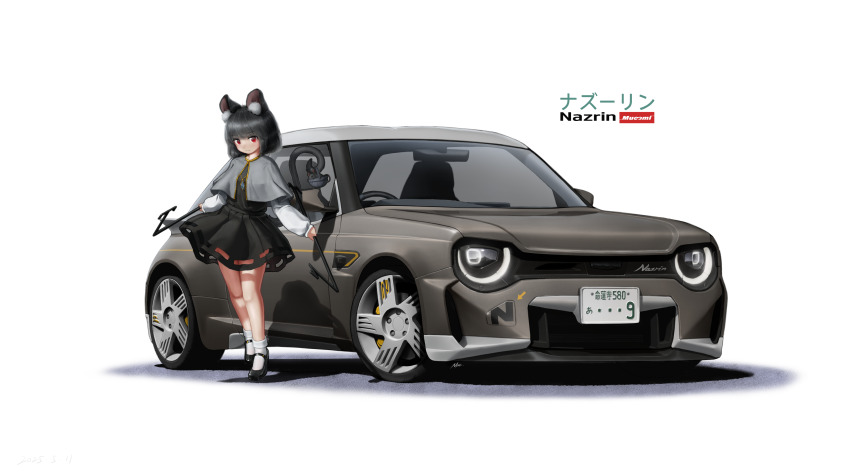 1girl absurdres animal_ears basket black_dress black_shoes capelet car character_name commentary_request dowsing_rod dress floating full_body green_car grey_capelet grey_hair grey_skirt grey_vest highres holding holding_with_tail jewelry license_plate long_sleeves mary_janes mixed-language_commentary motor_vehicle mouse_(animal) mouse_ears mouse_girl mouse_tail mucsmi nazrin necklace pendant prehensile_tail red_eyes shirt shoes short_hair signature skirt smile socks steering_wheel tail touhou vehicle_focus vest white_background white_shirt white_socks